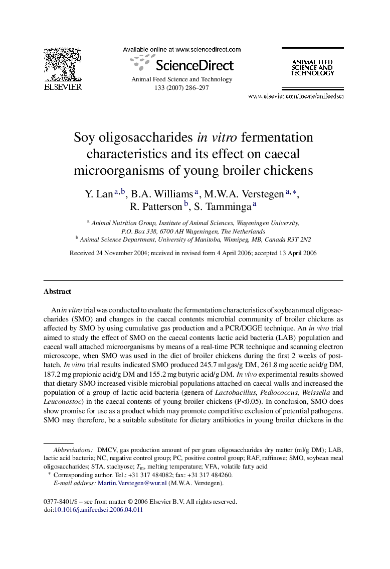 Soy oligosaccharides in vitro fermentation characteristics and its effect on caecal microorganisms of young broiler chickens