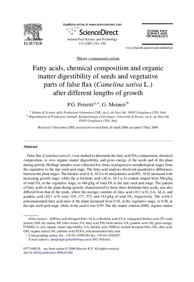 Fatty acids, chemical composition and organic matter digestibility of seeds and vegetative parts of false flax (Camelina sativa L.) after different lengths of growth