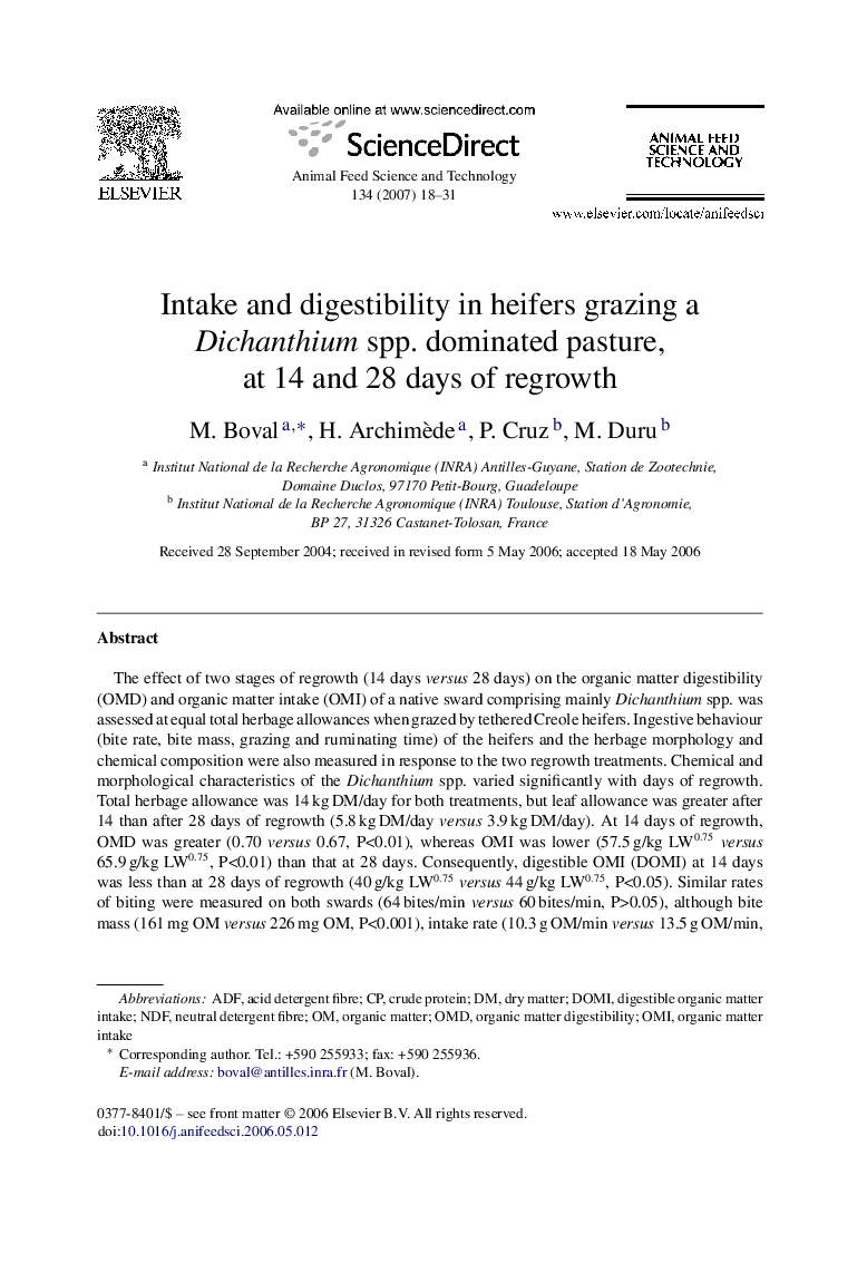 Intake and digestibility in heifers grazing a Dichanthium spp. dominated pasture, at 14 and 28 days of regrowth