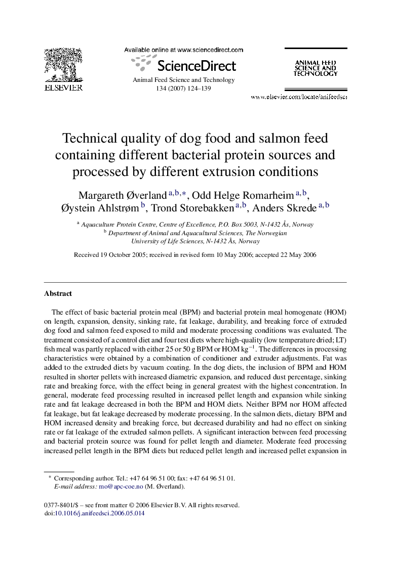 عکس صفحه اول مقاله: Technical quality of dog food and salmon feed containing different bacterial protein sources and processed by different extrusion conditions Technical quality of dog food and salmon feed containing different bacterial protein sources and processed by different extrusion conditions