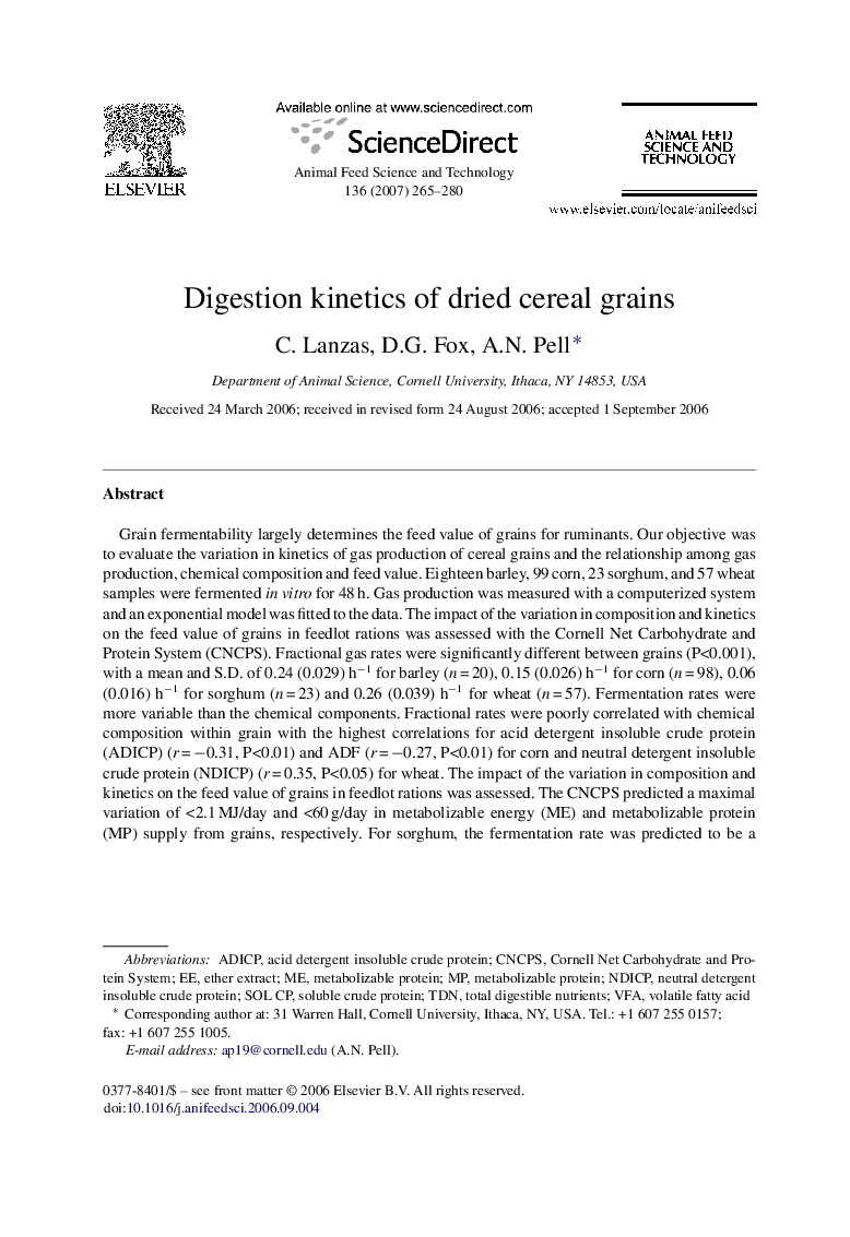 Digestion kinetics of dried cereal grains