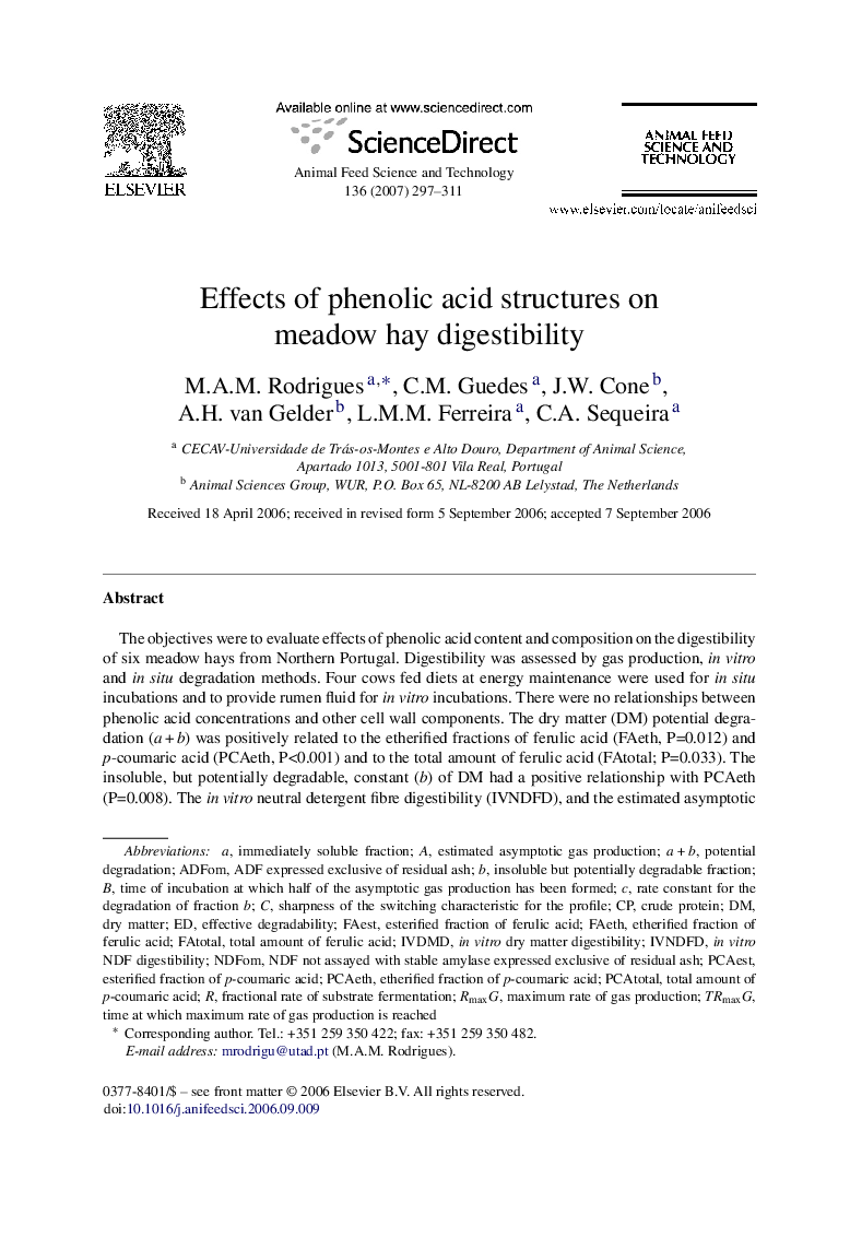 Effects of phenolic acid structures on meadow hay digestibility