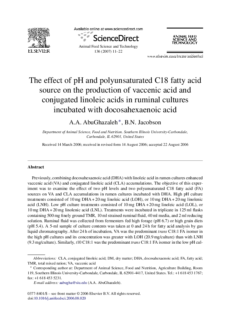 The effect of pH and polyunsaturated C18 fatty acid source on the production of vaccenic acid and conjugated linoleic acids in ruminal cultures incubated with docosahexaenoic acid