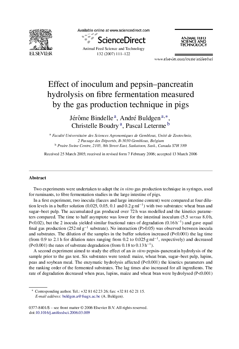 Effect of inoculum and pepsin–pancreatin hydrolysis on fibre fermentation measured by the gas production technique in pigs