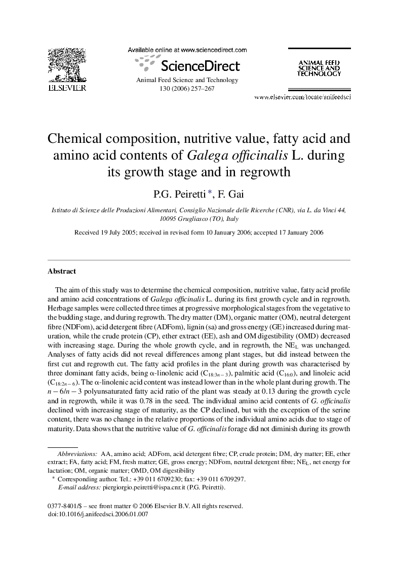 Chemical composition, nutritive value, fatty acid and amino acid contents of Galega officinalis L. during its growth stage and in regrowth