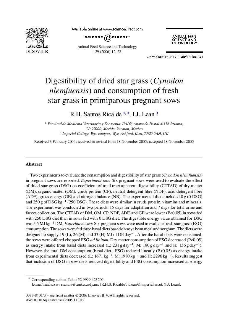 Digestibility of dried star grass (Cynodon nlemfuensis) and consumption of fresh star grass in primiparous pregnant sows