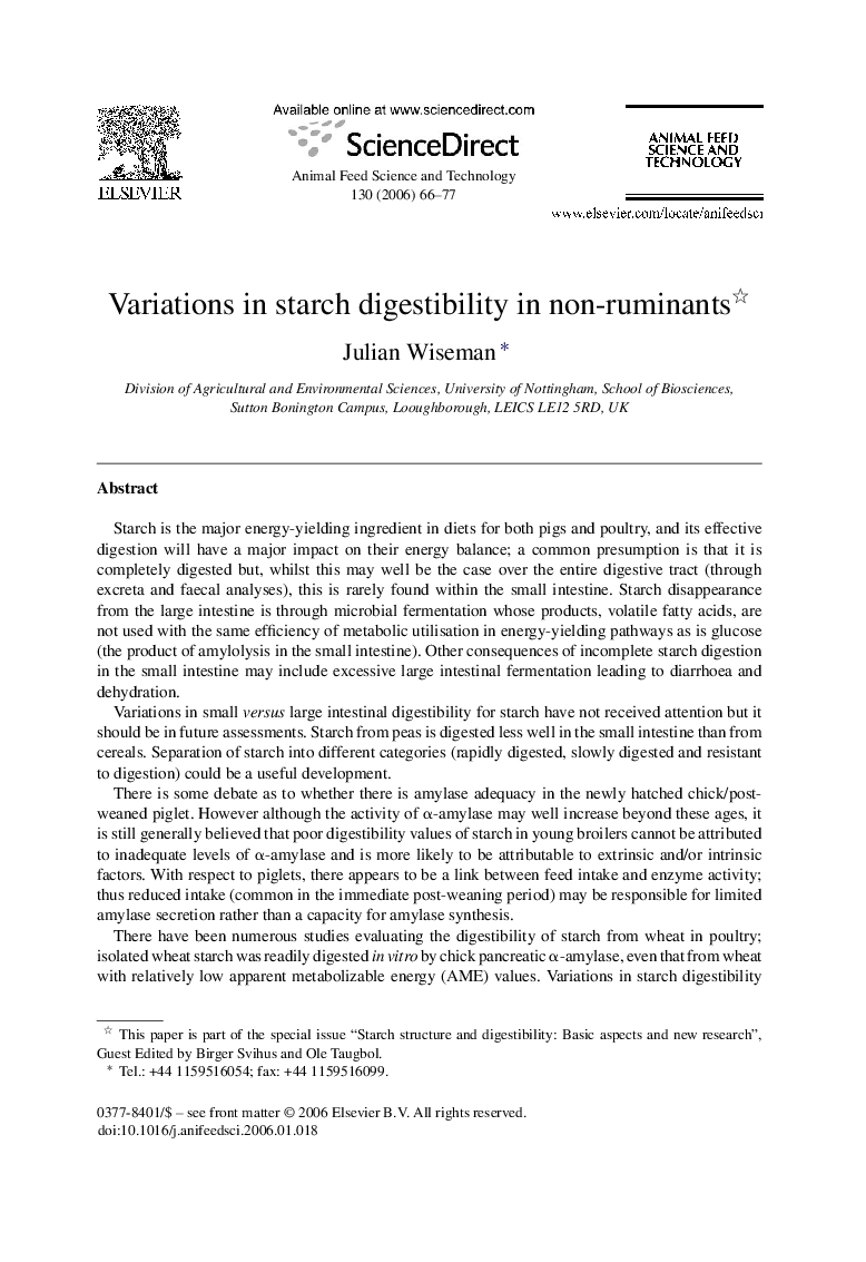 Variations in starch digestibility in non-ruminants 