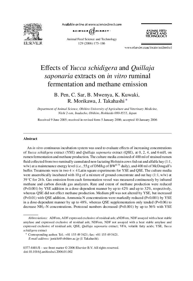 Effects of Yucca schidigera and Quillaja saponaria extracts on in vitro ruminal fermentation and methane emission