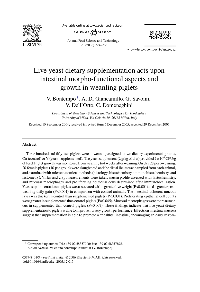 Live yeast dietary supplementation acts upon intestinal morpho-functional aspects and growth in weanling piglets