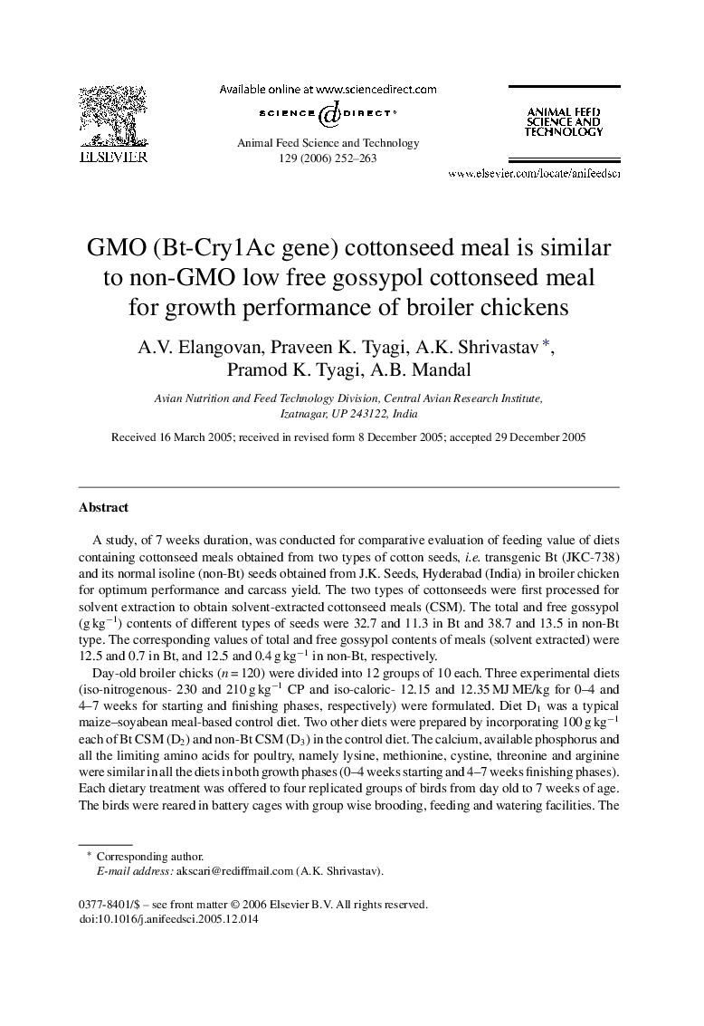 GMO (Bt-Cry1Ac gene) cottonseed meal is similar to non-GMO low free gossypol cottonseed meal for growth performance of broiler chickens