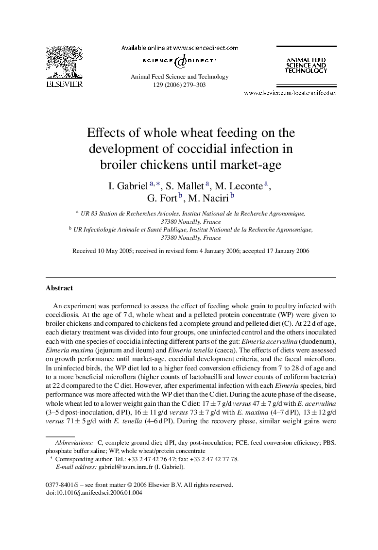 Effects of whole wheat feeding on the development of coccidial infection in broiler chickens until market-age