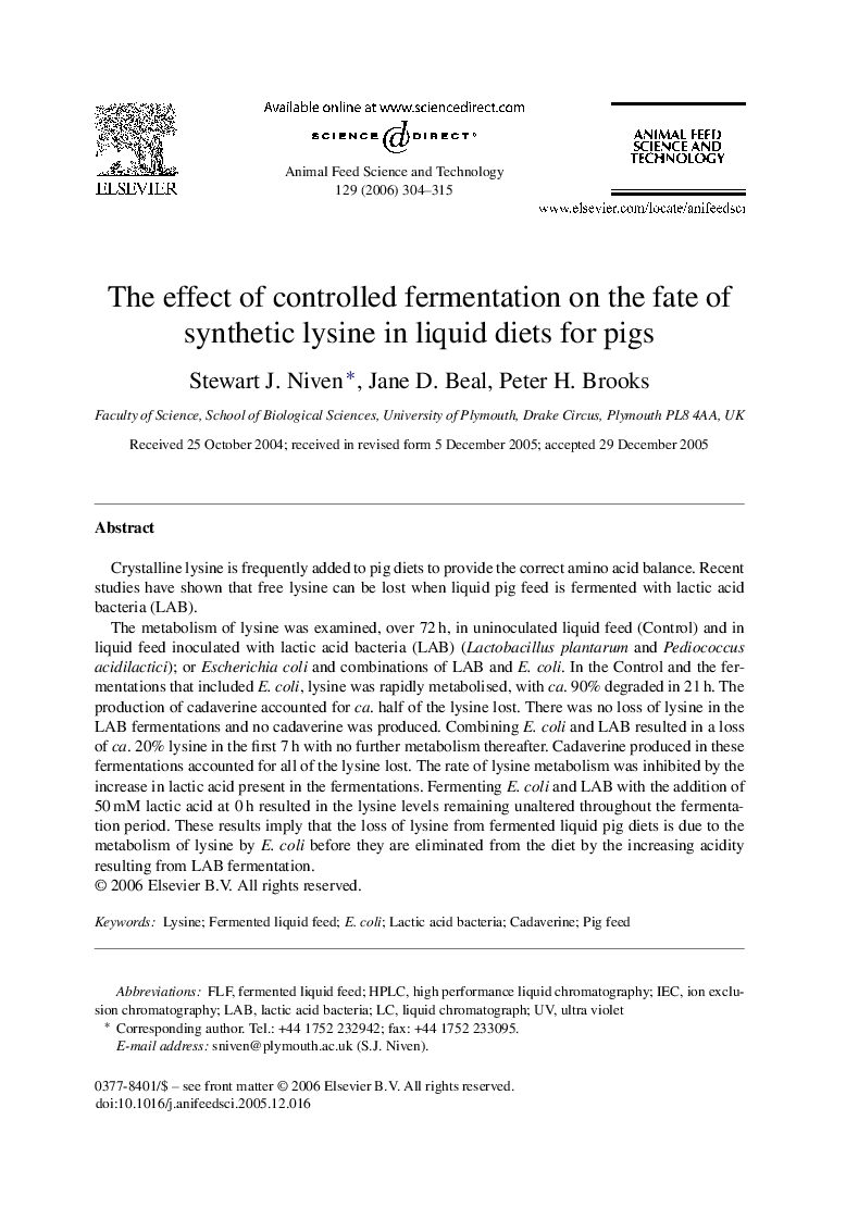 The effect of controlled fermentation on the fate of synthetic lysine in liquid diets for pigs