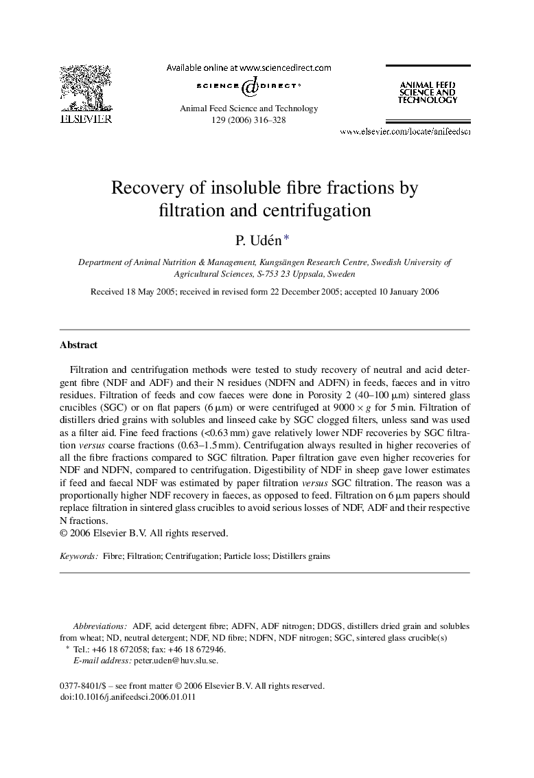 Recovery of insoluble fibre fractions by filtration and centrifugation