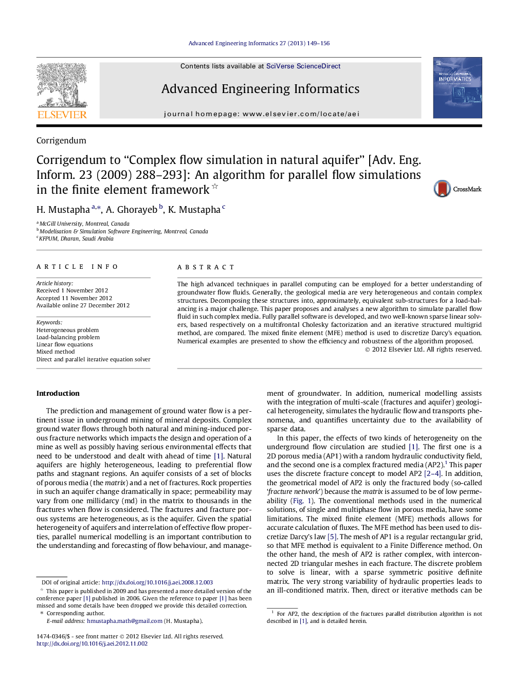 Corrigendum to “Complex flow simulation in natural aquifer” [Adv. Eng. Inform. 23 (2009) 288–293]: An algorithm for parallel flow simulations in the finite element framework 