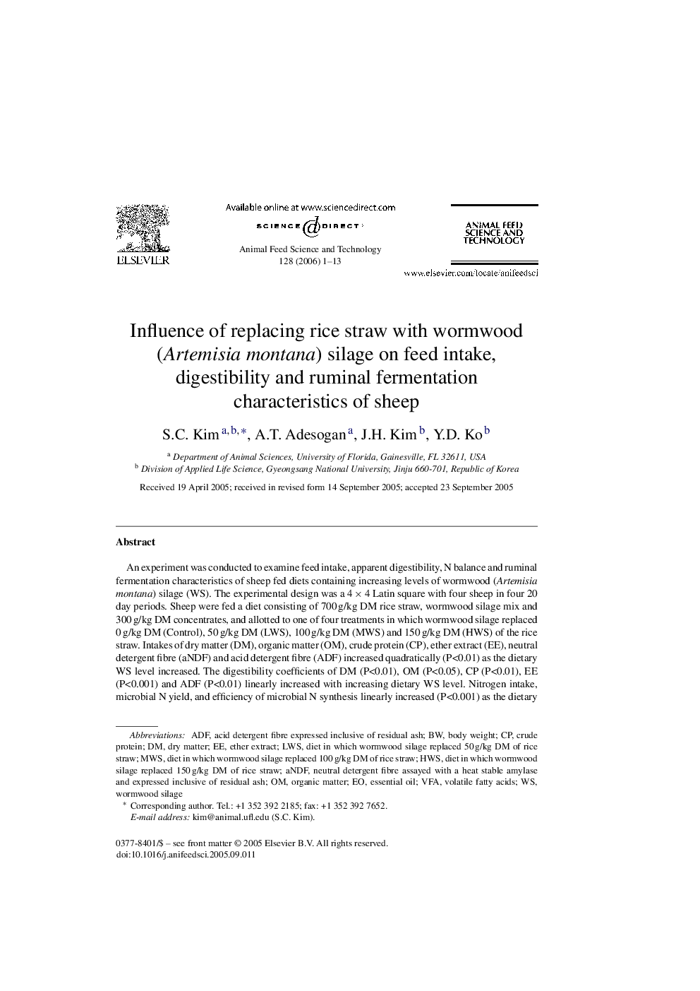 Influence of replacing rice straw with wormwood (Artemisia montana) silage on feed intake, digestibility and ruminal fermentation characteristics of sheep