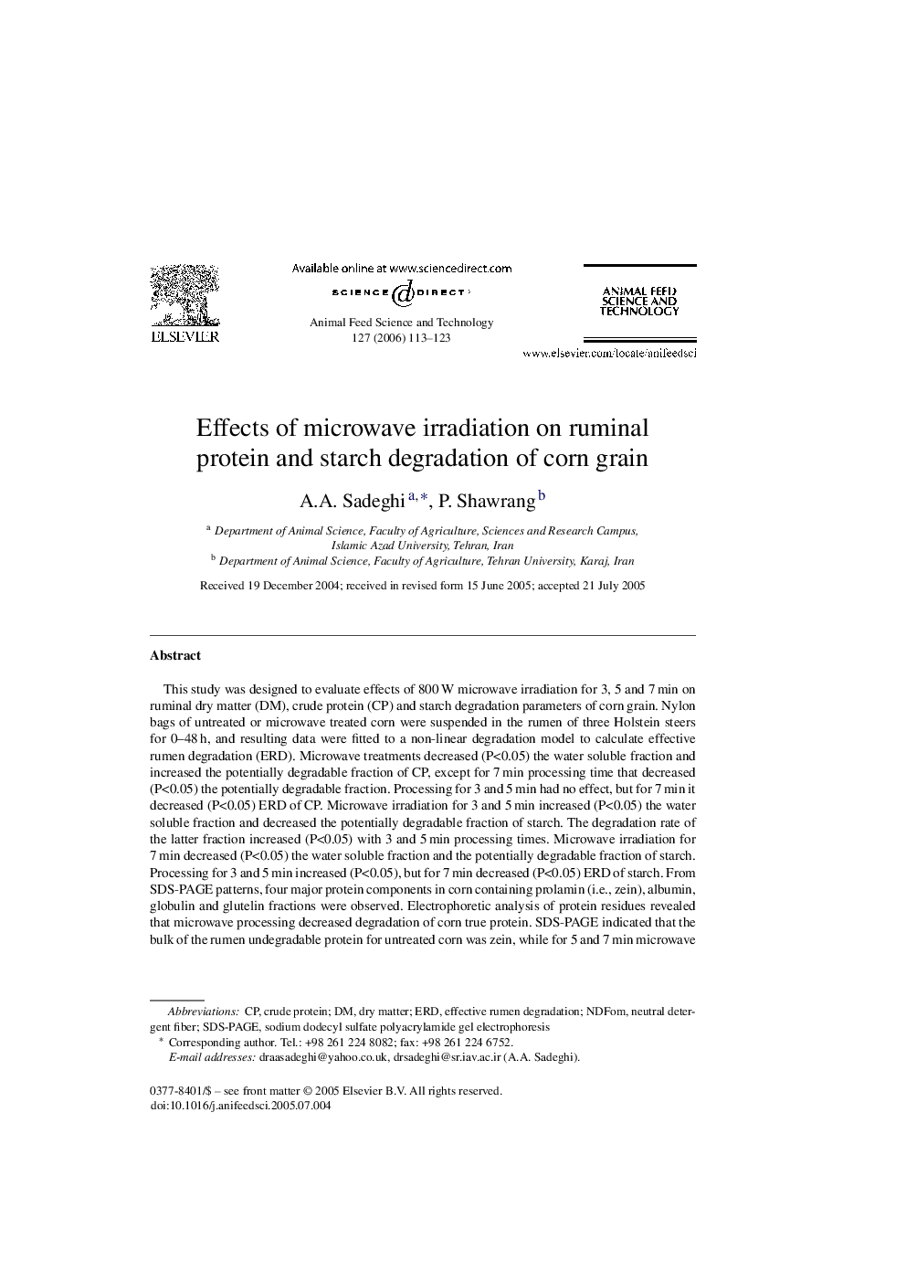 Effects of microwave irradiation on ruminal protein and starch degradation of corn grain