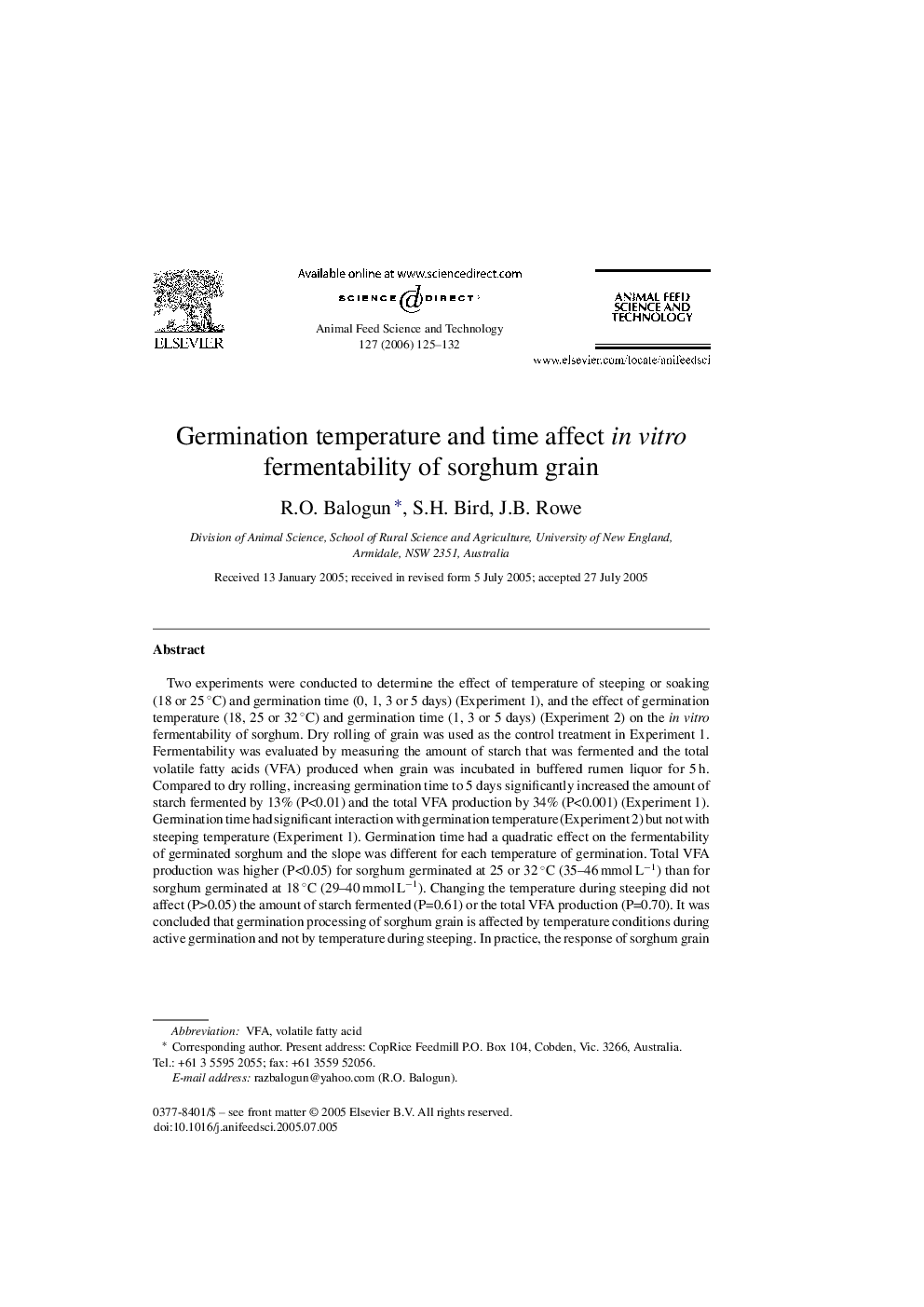 Germination temperature and time affect in vitro fermentability of sorghum grain