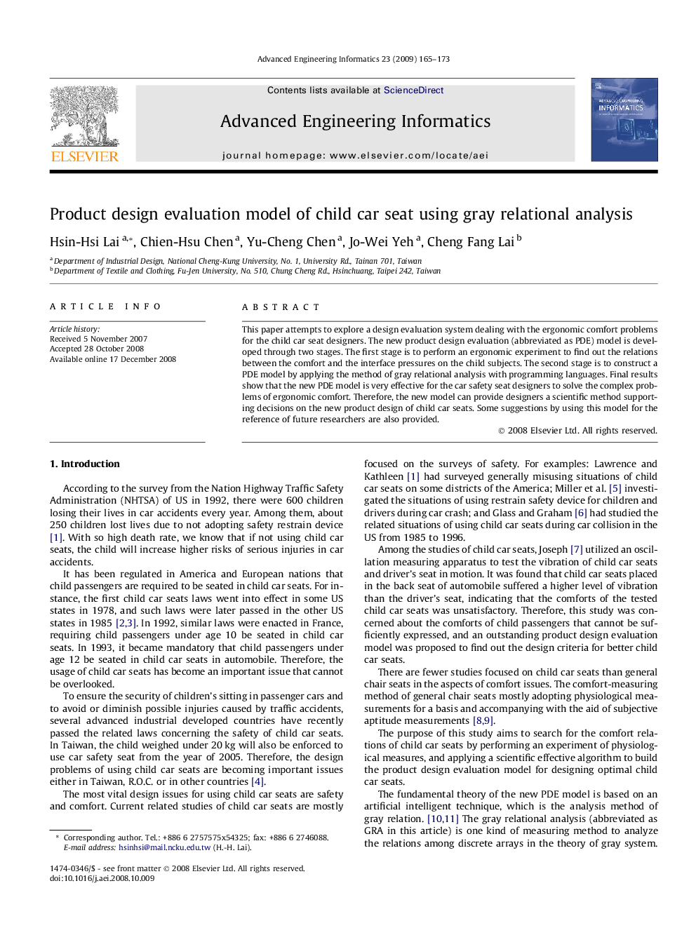 Product design evaluation model of child car seat using gray relational analysis