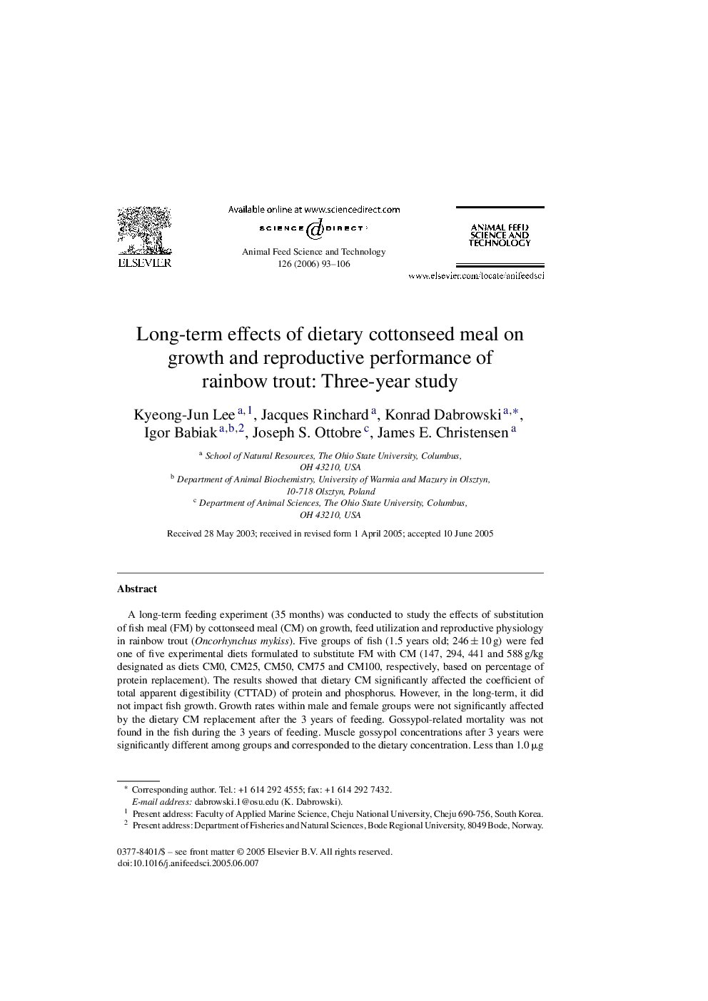 Long-term effects of dietary cottonseed meal on growth and reproductive performance of rainbow trout: Three-year study