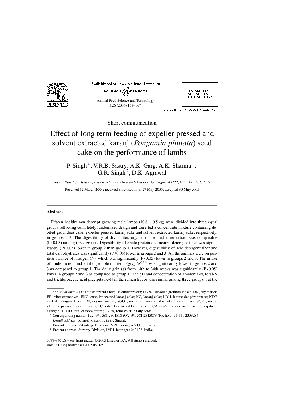 Effect of long term feeding of expeller pressed and solvent extracted karanj (Pongamia pinnata) seed cake on the performance of lambs