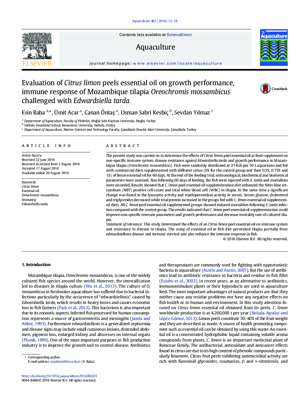 Evaluation of Citrus limon peels essential oil on growth performance, immune response of Mozambique tilapia Oreochromis mossambicus challenged with Edwardsiella tarda