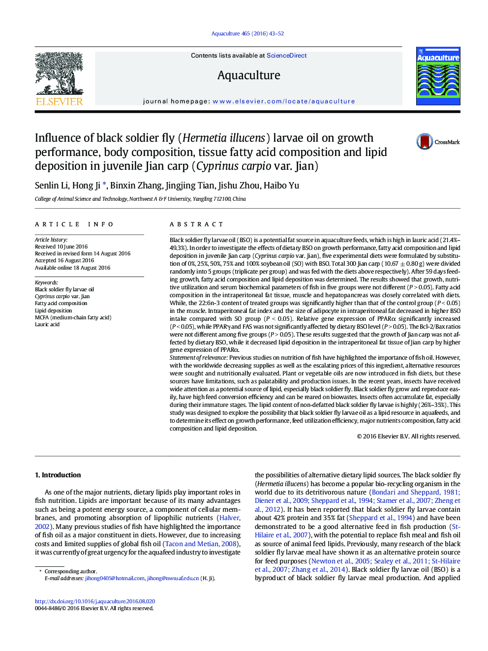 Influence of black soldier fly (Hermetia illucens) larvae oil on growth performance, body composition, tissue fatty acid composition and lipid deposition in juvenile Jian carp (Cyprinus carpio var. Jian)