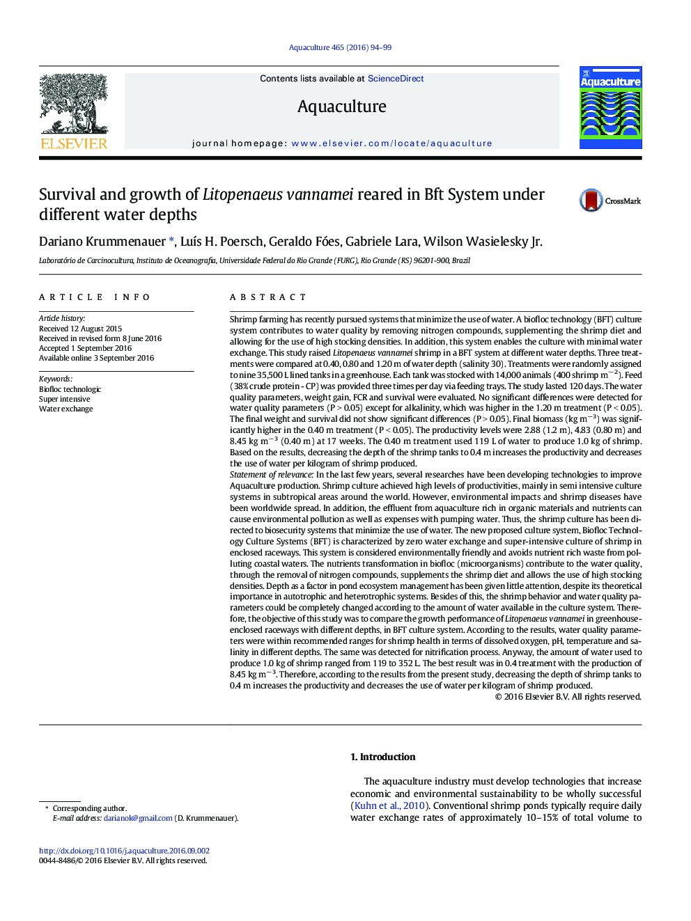 Survival and growth of Litopenaeus vannamei reared in Bft System under different water depths