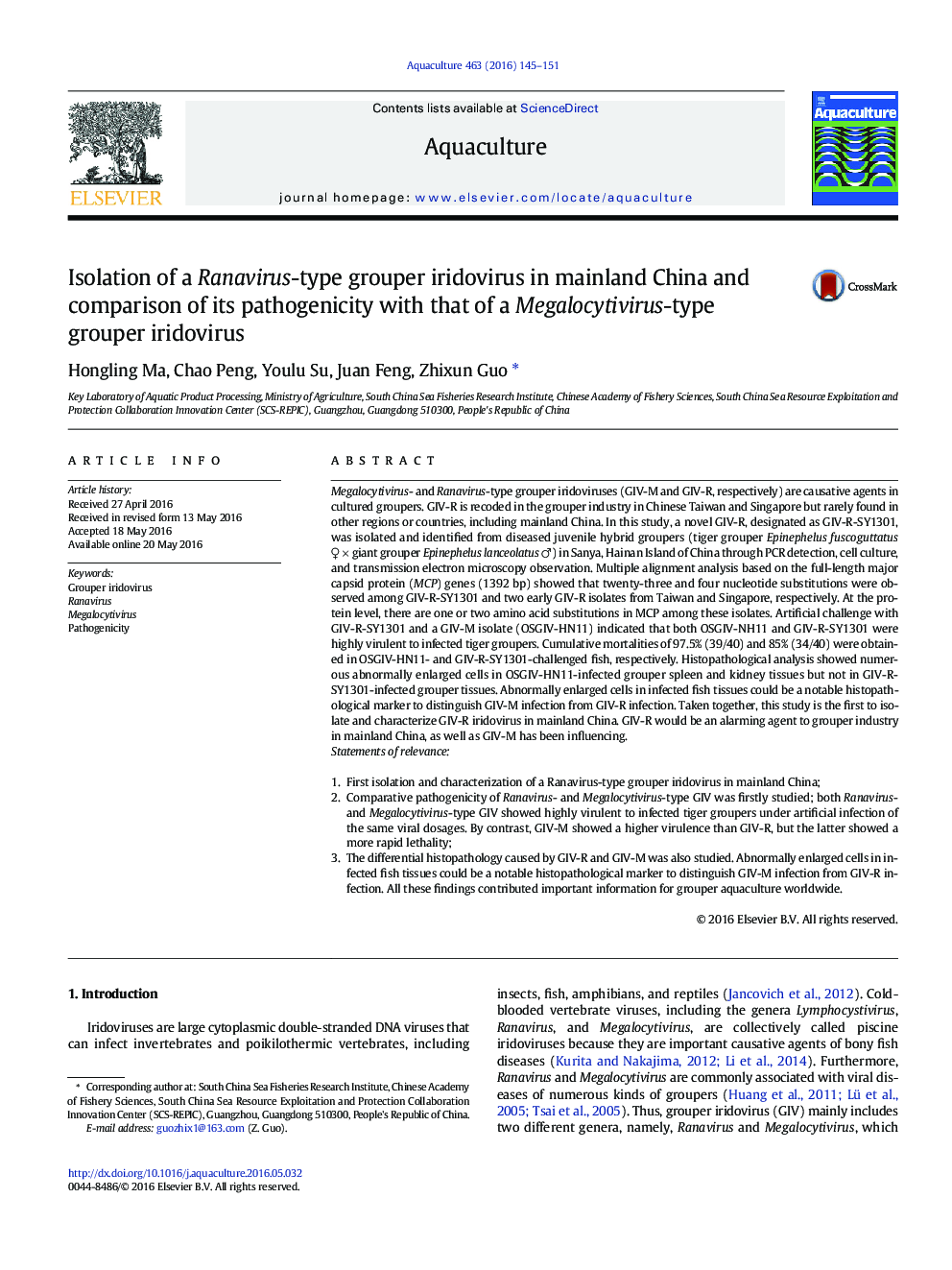 Isolation of a Ranavirus-type grouper iridovirus in mainland China and comparison of its pathogenicity with that of a Megalocytivirus-type grouper iridovirus