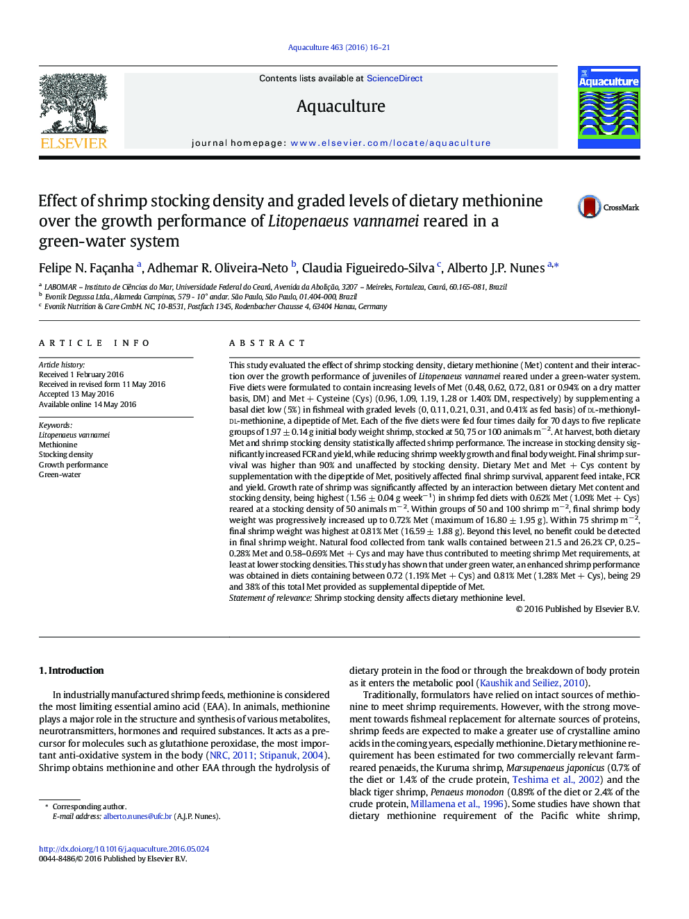 Effect of shrimp stocking density and graded levels of dietary methionine over the growth performance of Litopenaeus vannamei reared in a green-water system