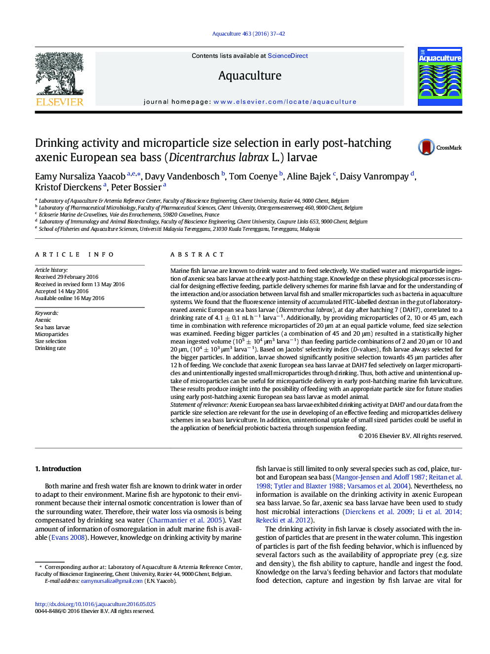 Drinking activity and microparticle size selection in early post-hatching axenic European sea bass (Dicentrarchus labrax L.) larvae