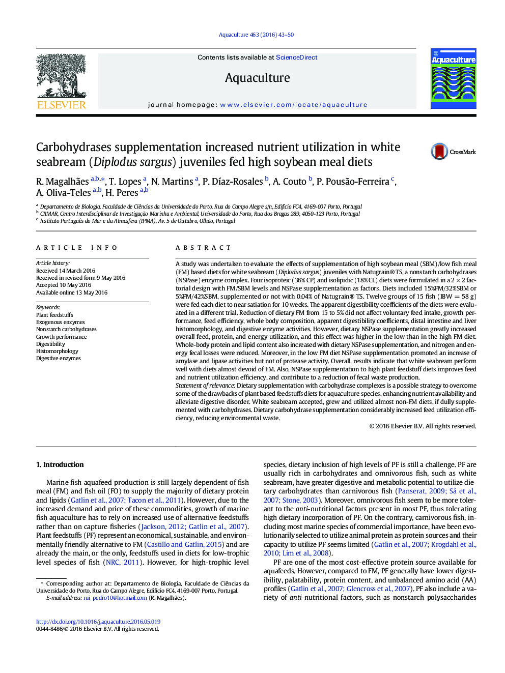 Carbohydrases supplementation increased nutrient utilization in white seabream (Diplodus sargus) juveniles fed high soybean meal diets