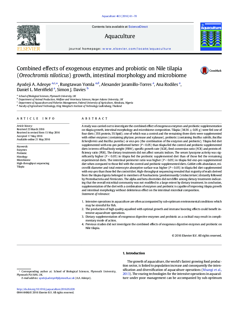 Combined effects of exogenous enzymes and probiotic on Nile tilapia (Oreochromis niloticus) growth, intestinal morphology and microbiome