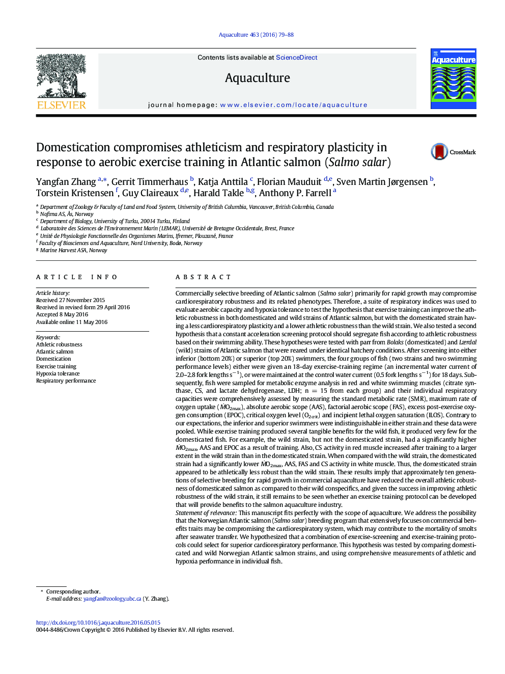 Domestication compromises athleticism and respiratory plasticity in response to aerobic exercise training in Atlantic salmon (Salmo salar)