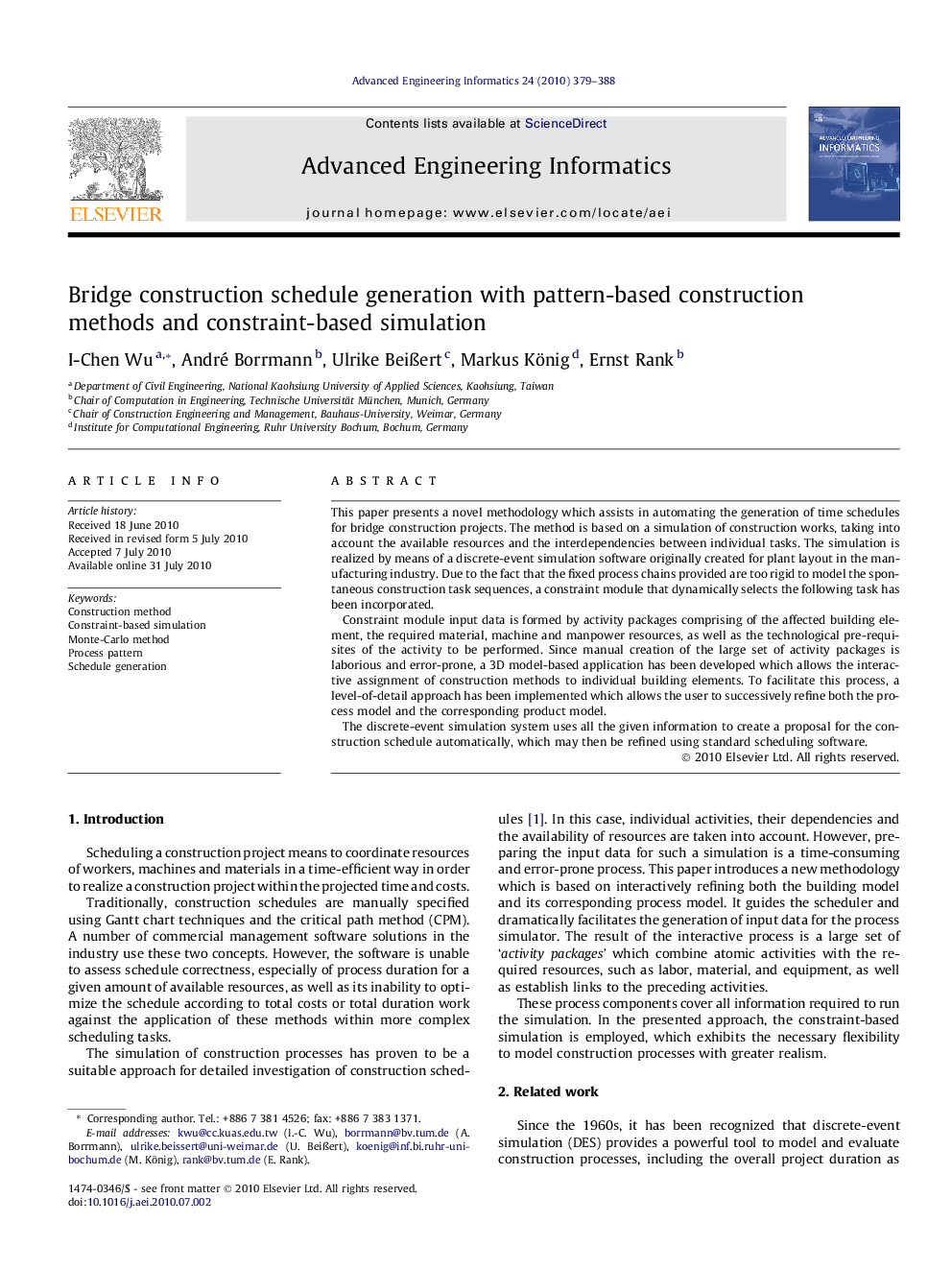 Bridge construction schedule generation with pattern-based construction methods and constraint-based simulation