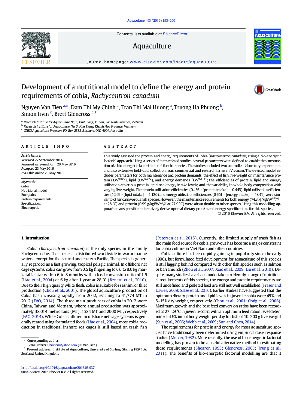 Development of a nutritional model to define the energy and protein requirements of cobia, Rachycentron canadum