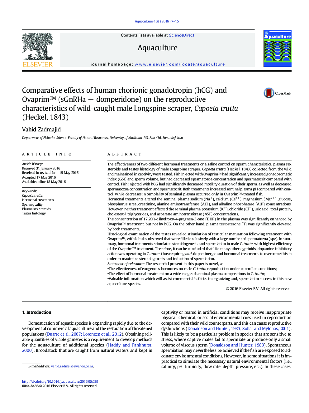 Comparative effects of human chorionic gonadotropin (hCG) and Ovaprim™ (sGnRHa + domperidone) on the reproductive characteristics of wild-caught male Longspine scraper, Capoeta trutta (Heckel, 1843)