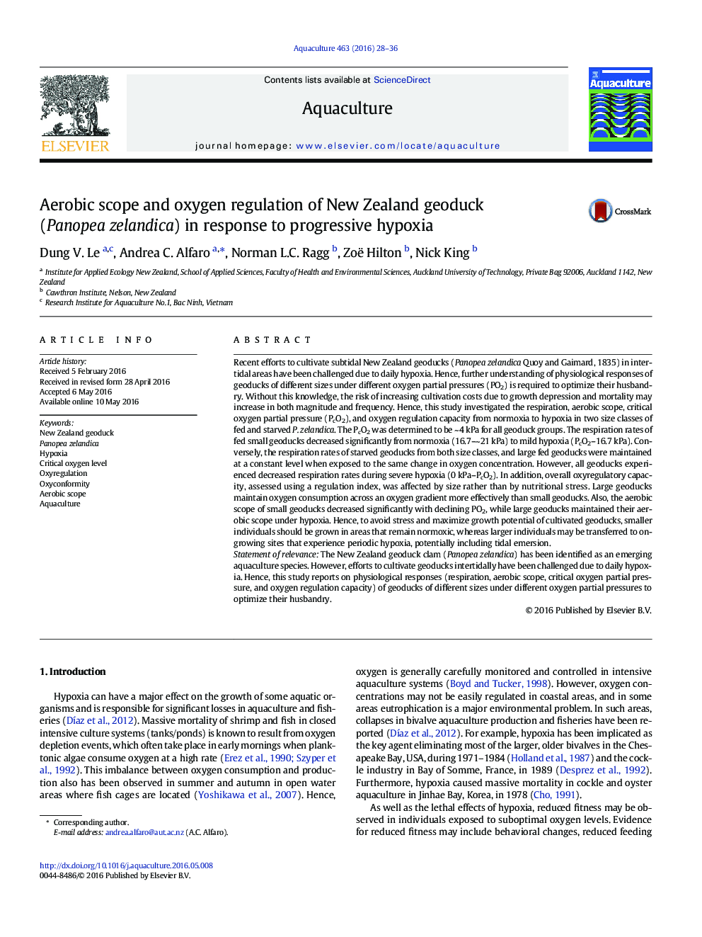 Aerobic scope and oxygen regulation of New Zealand geoduck (Panopea zelandica) in response to progressive hypoxia