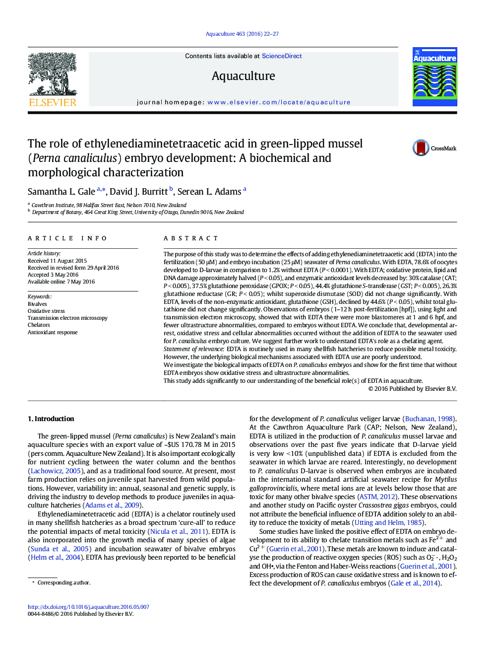 The role of ethylenediaminetetraacetic acid in green-lipped mussel (Perna canaliculus) embryo development: A biochemical and morphological characterization