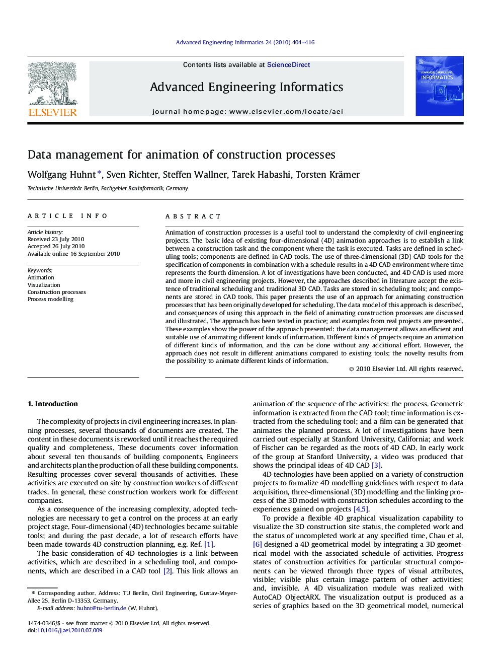 Data management for animation of construction processes