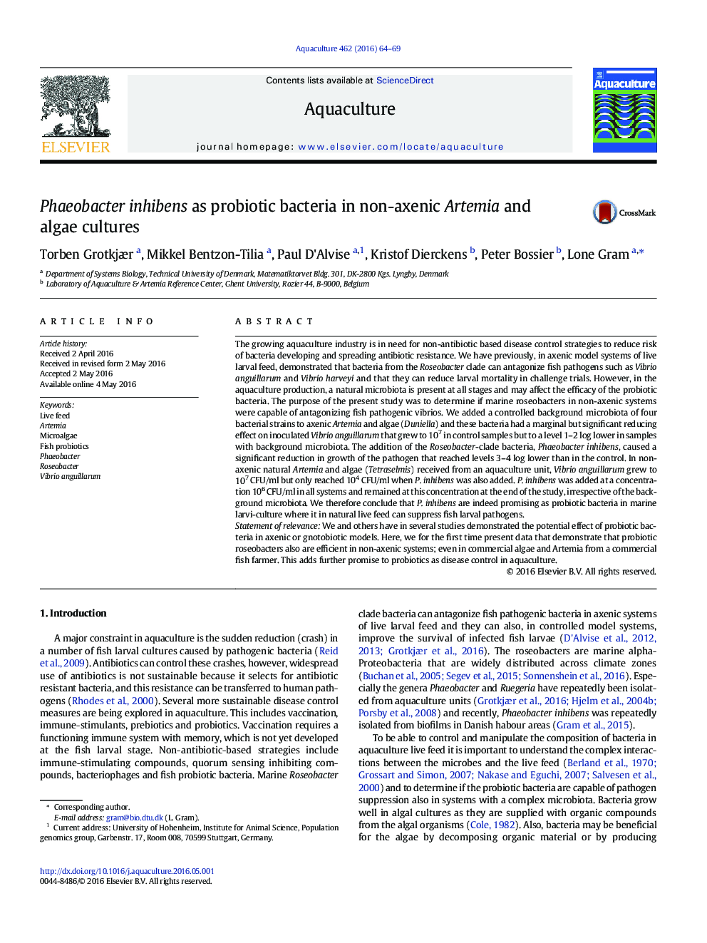 Phaeobacter inhibens as probiotic bacteria in non-axenic Artemia and algae cultures
