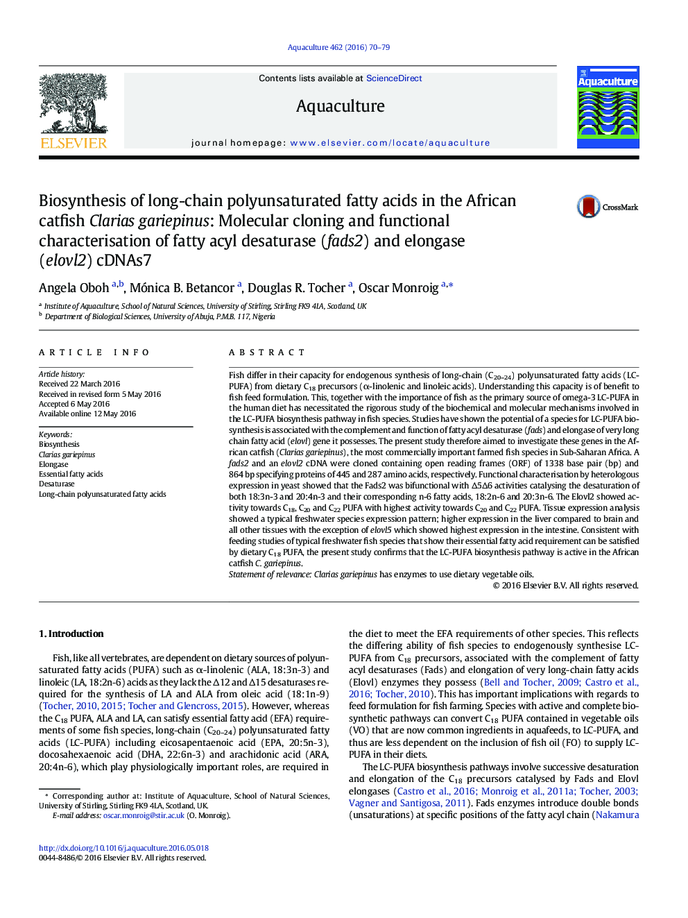 Biosynthesis of long-chain polyunsaturated fatty acids in the African catfish Clarias gariepinus: Molecular cloning and functional characterisation of fatty acyl desaturase (fads2) and elongase (elovl2) cDNAs7