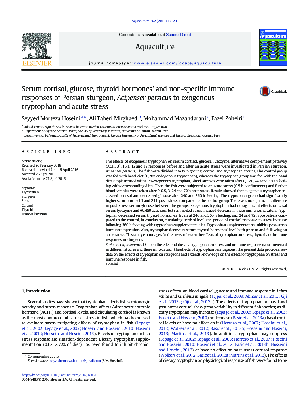 Serum cortisol, glucose, thyroid hormones' and non-specific immune responses of Persian sturgeon, Acipenser persicus to exogenous tryptophan and acute stress