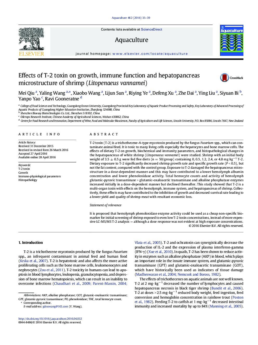 اثر توکسین T-2 بر رشد، عملکرد ایمنی و ریز ساختار هپاتوپانکراس میگو (Litopenaeus vannamei)