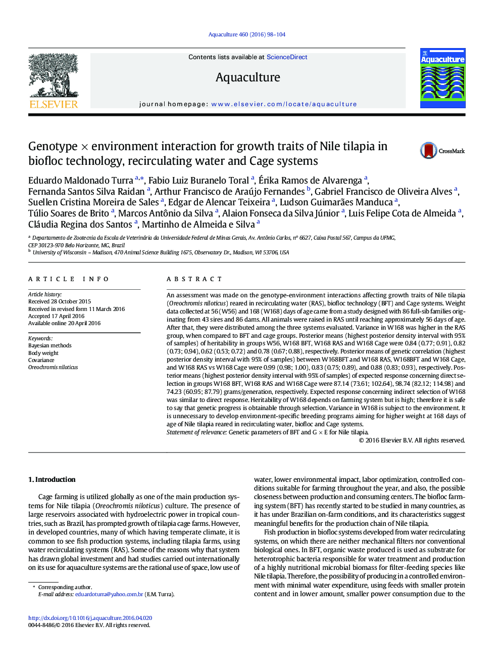 Genotype × environment interaction for growth traits of Nile tilapia in biofloc technology, recirculating water and Cage systems