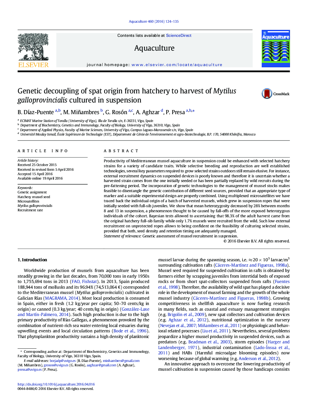 Genetic decoupling of spat origin from hatchery to harvest of Mytilus galloprovincialis cultured in suspension