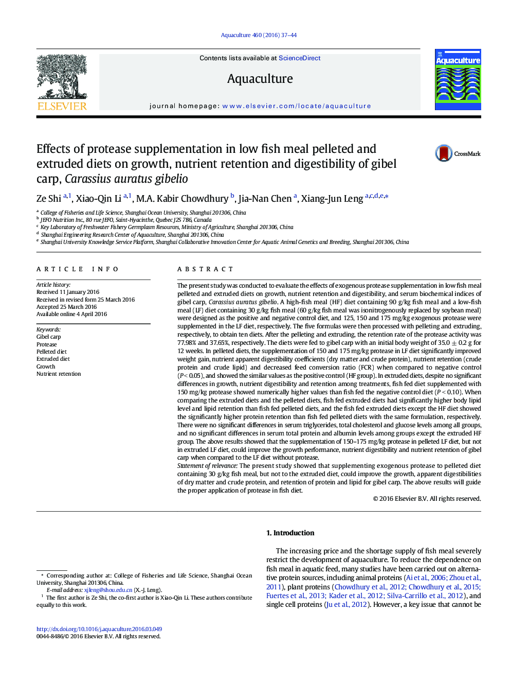 Effects of protease supplementation in low fish meal pelleted and extruded diets on growth, nutrient retention and digestibility of gibel carp, Carassius auratus gibelio