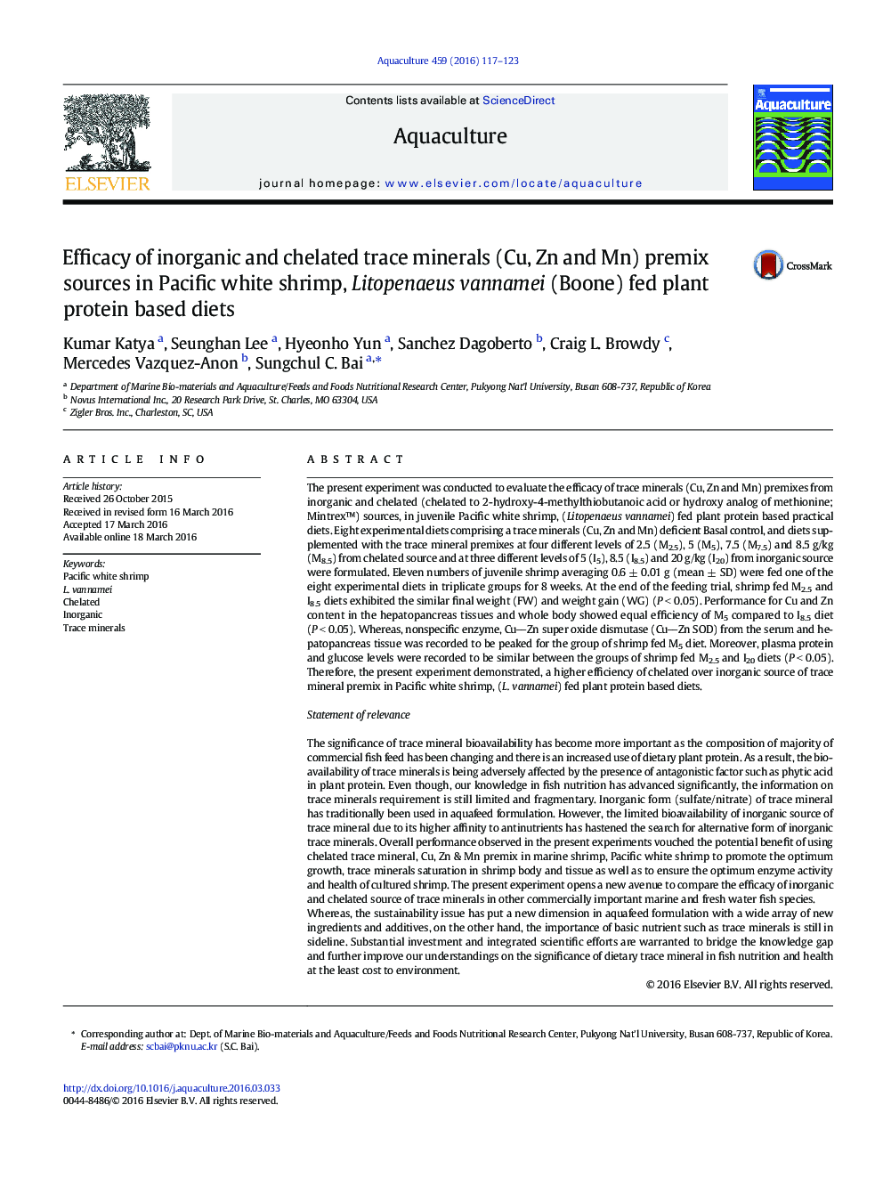 Efficacy of inorganic and chelated trace minerals (Cu, Zn and Mn) premix sources in Pacific white shrimp, Litopenaeus vannamei (Boone) fed plant protein based diets