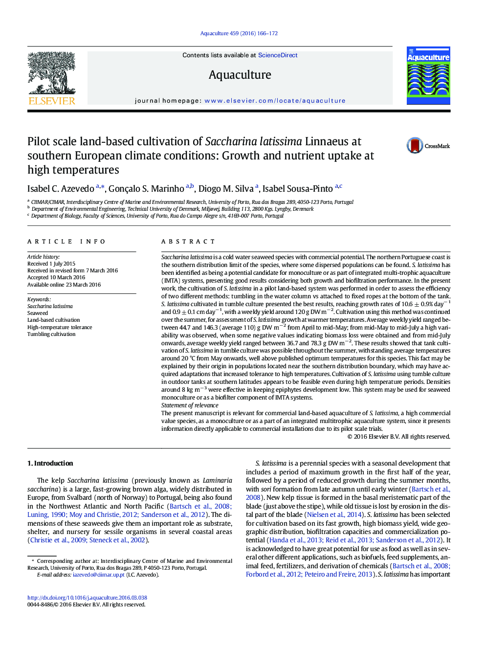 Pilot scale land-based cultivation of Saccharina latissima Linnaeus at southern European climate conditions: Growth and nutrient uptake at high temperatures