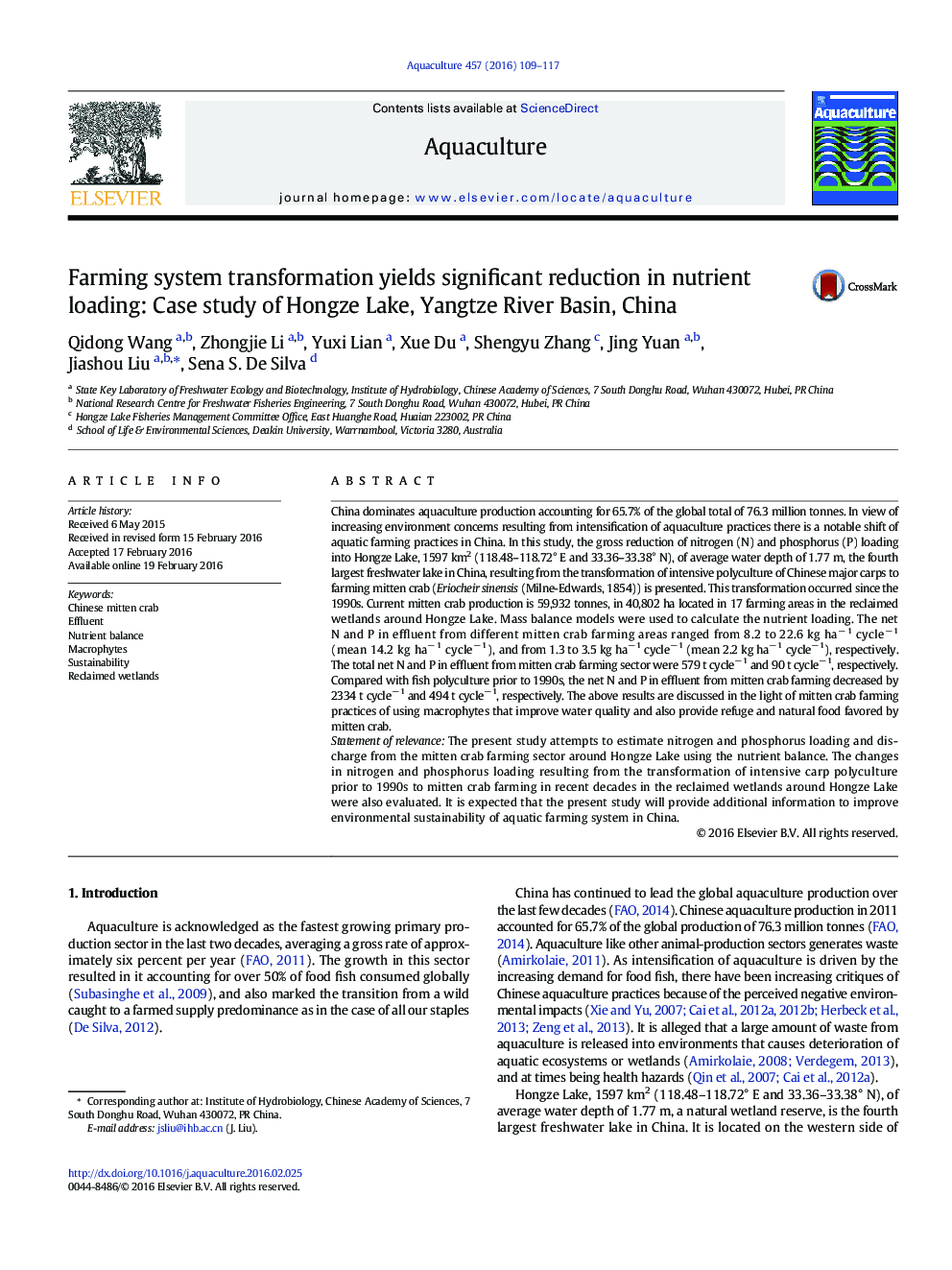 Farming system transformation yields significant reduction in nutrient loading: Case study of Hongze Lake, Yangtze River Basin, China