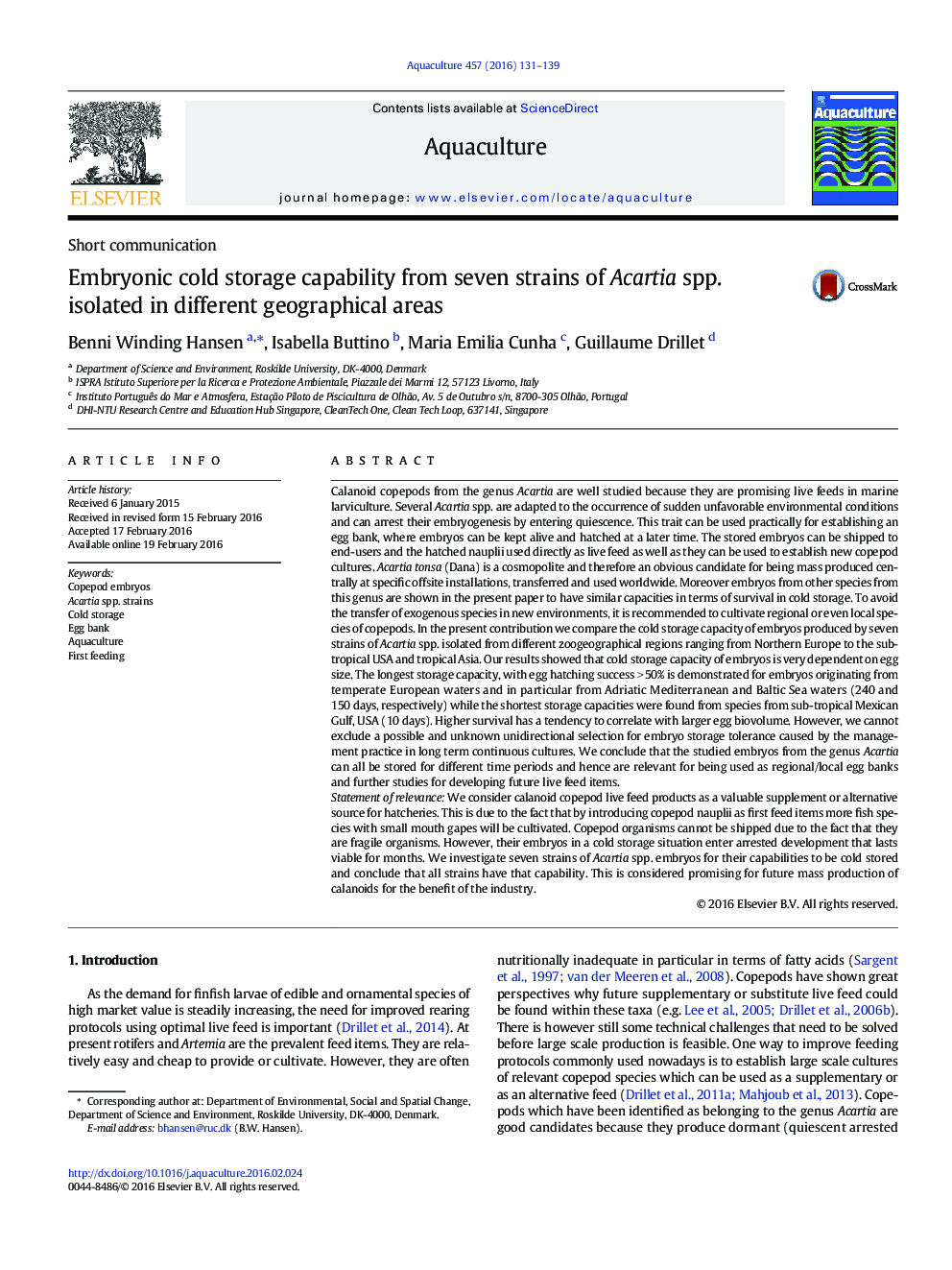 Embryonic cold storage capability from seven strains of Acartia spp. isolated in different geographical areas